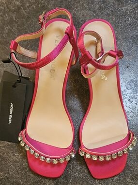 Vero Moda Women's Pink Satin Ankle Strap Sandals with Crystal Trim